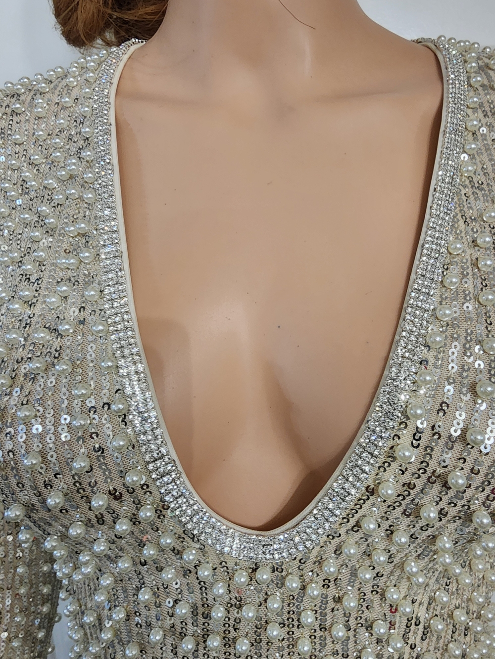 Pearl & Sequin Embellished Deep V Mini Dress - Champagne